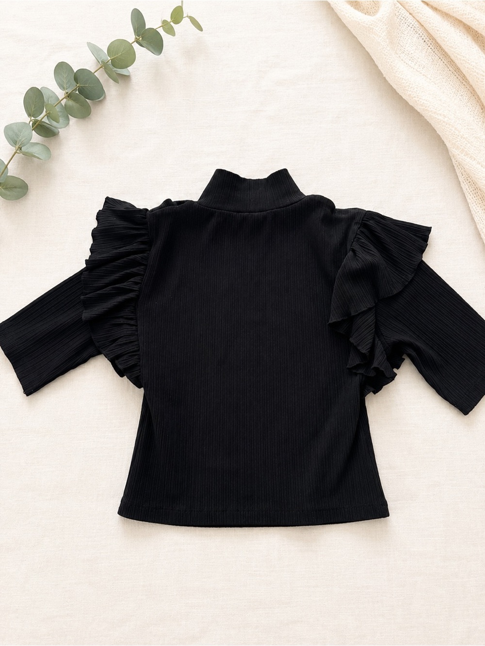 Zara Black Ribbed Mock Neck Top with Ruffle Sleeves NWT